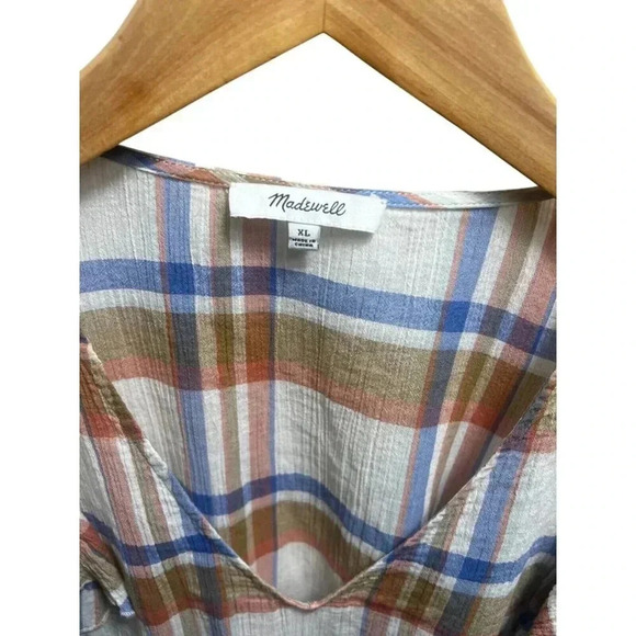Madewell V-Neck Shoulder-Ruffle Top XL Plaid Cotton Lightweight Summer - Picture 5 of 12